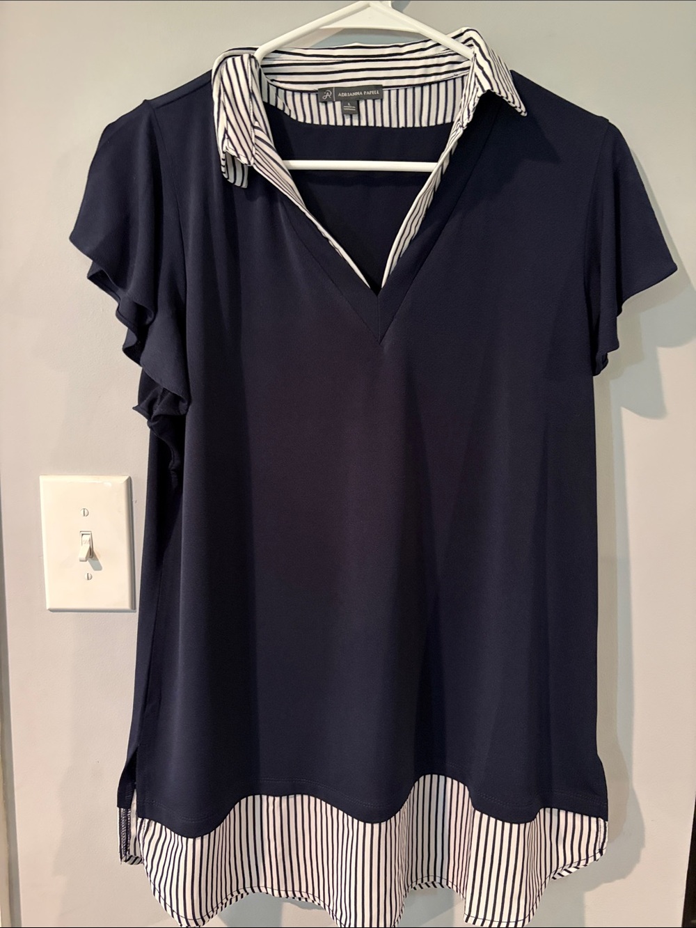 Adrianna Papell Navy V‑Neck Tunic with Striped Collar and Hem